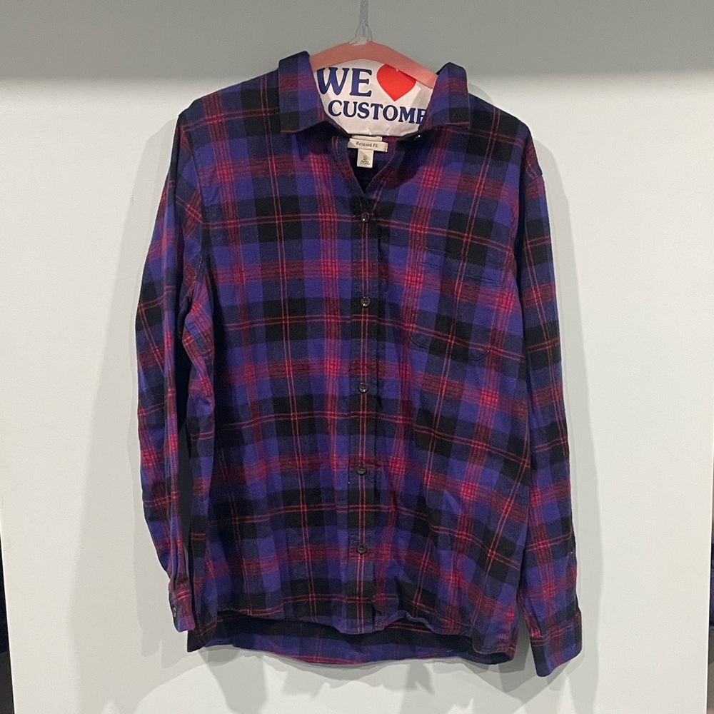 L.L. Bean Women’s Relaxed fit Purple and Black Plaid Button-Down Shirt